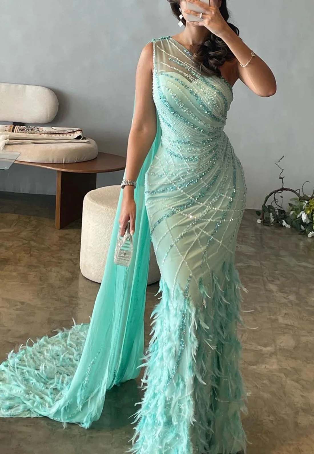 Turquoise One Shoulder Beaded Sleeveless Feather Evening Gown Sheath Side Train Formal Dress
