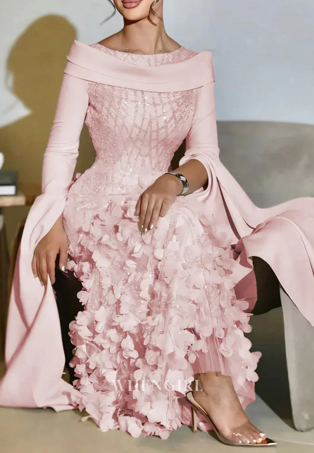 Column Bateau Neck Long Sleeves Floral Beaded Evening Formal Dress