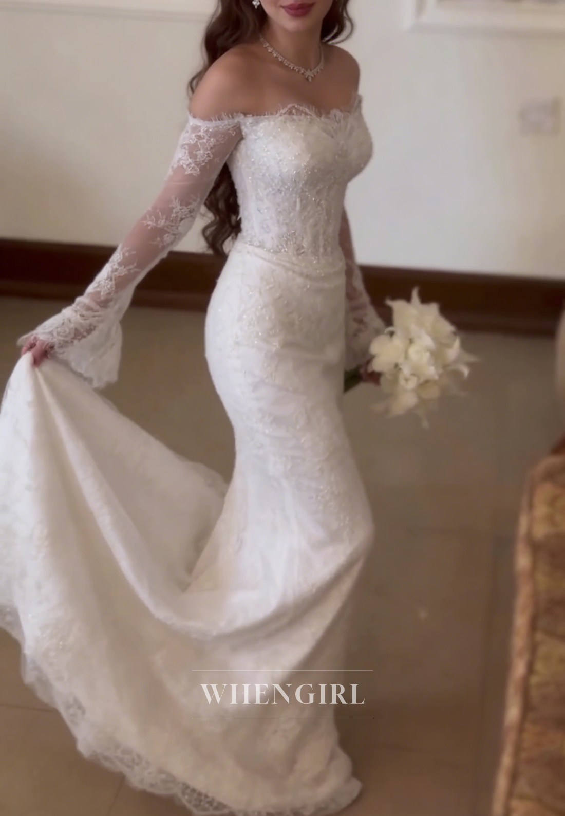 Mermaid Beaded Off Shoulder Long Sleeves Lace Wedding Dress