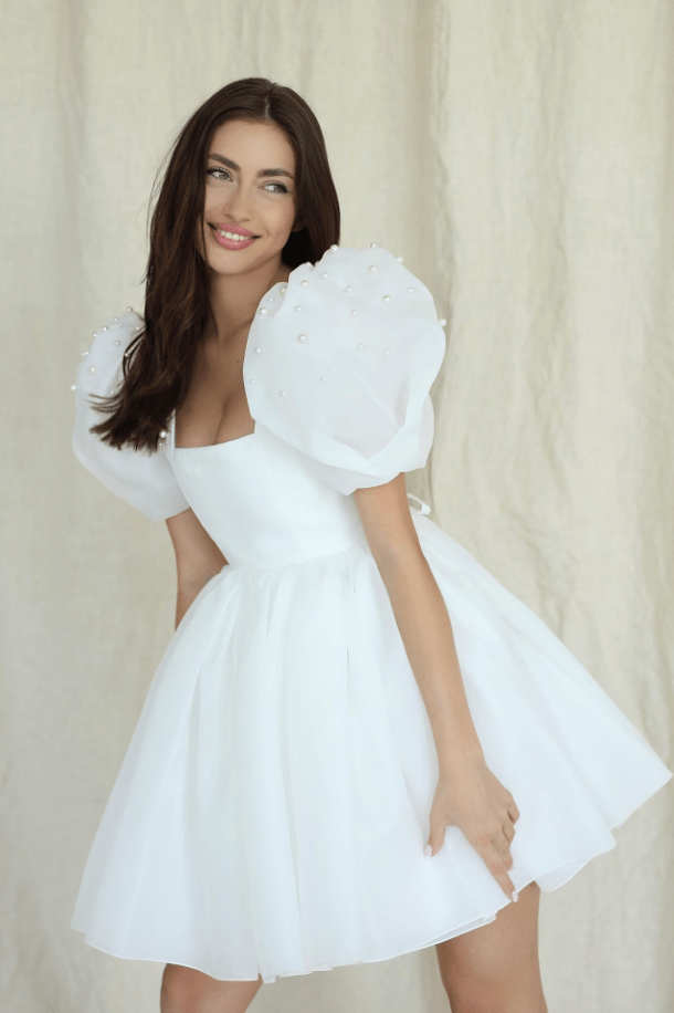 Yuna | A-Line Square-Neck Short Wedding Dress With Puffy Pearls Sleeve WhenGirl Yuna | A-Line Square-Neck Short Wedding Dress With Puffy Pearls Sleeve WhenGirl