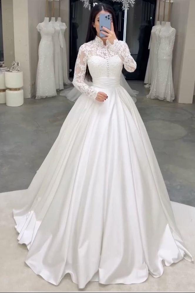 A Line Satin Lace Long Wedding Dress Bridal Gown