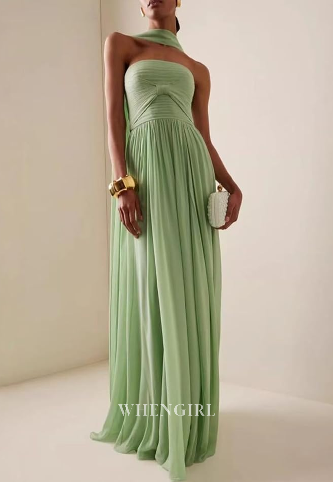 Green Tube Top Sleeveless Back Zipper Sheath Formal Dress Party Gown with Scarf