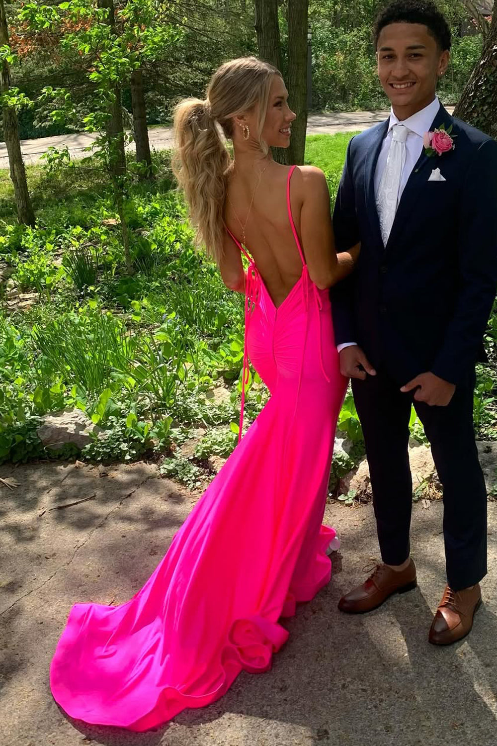 Gorgeous Mermaid V Neck Pink Satin Prom Dress with Slit