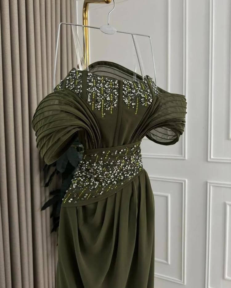 Green Off Shoulder Beaded Ruched Sheath Formal Evening Gown