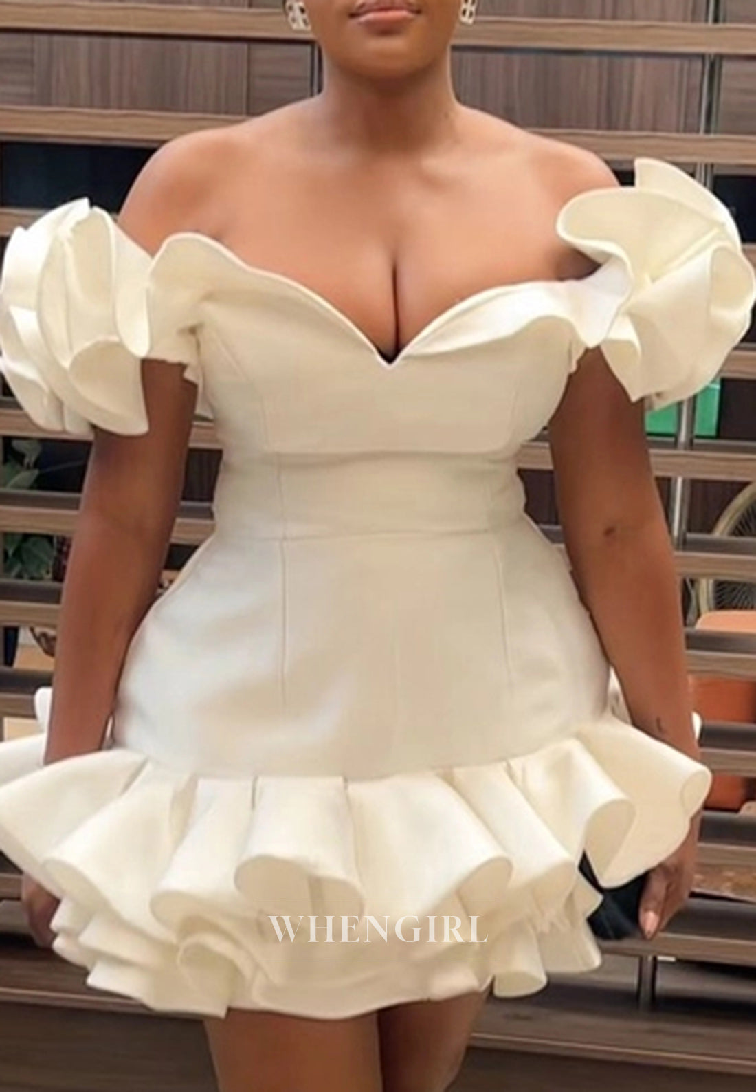 V Neck Off Shoulder Ruffles Sheath Sleeveless Homecoming Dress