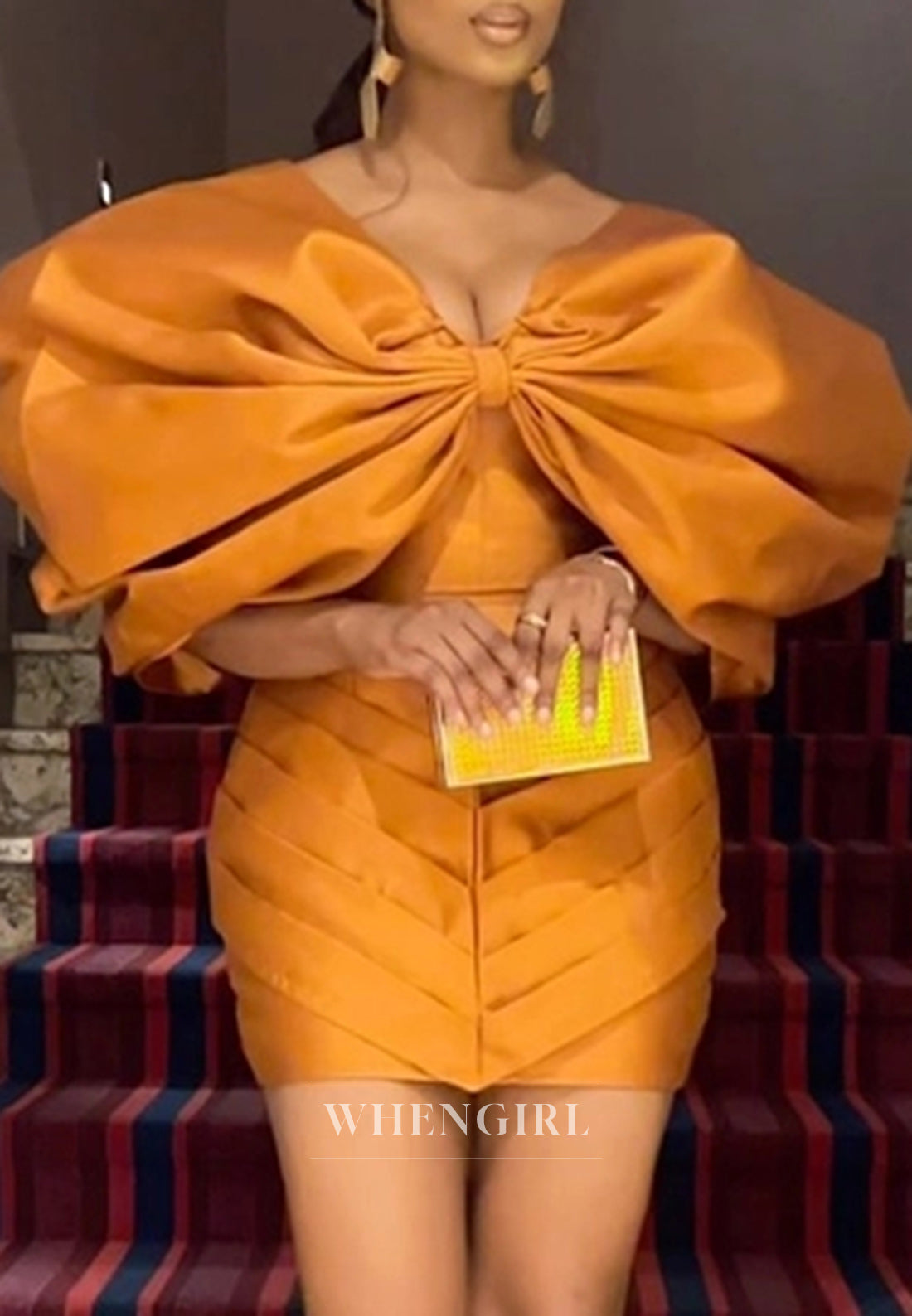 Tangerine V Neck Pleated Sheath Bowknot Homecoming Dress