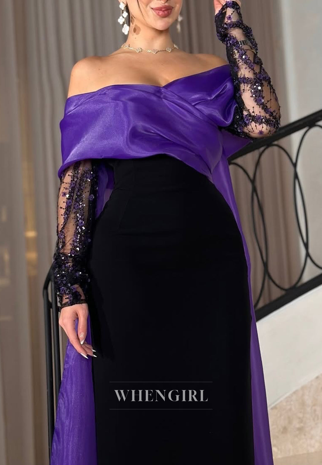 Black and Regency Off Shoulder Beaded Long Sleeves Sheath Long Formal Evening Dress with Train