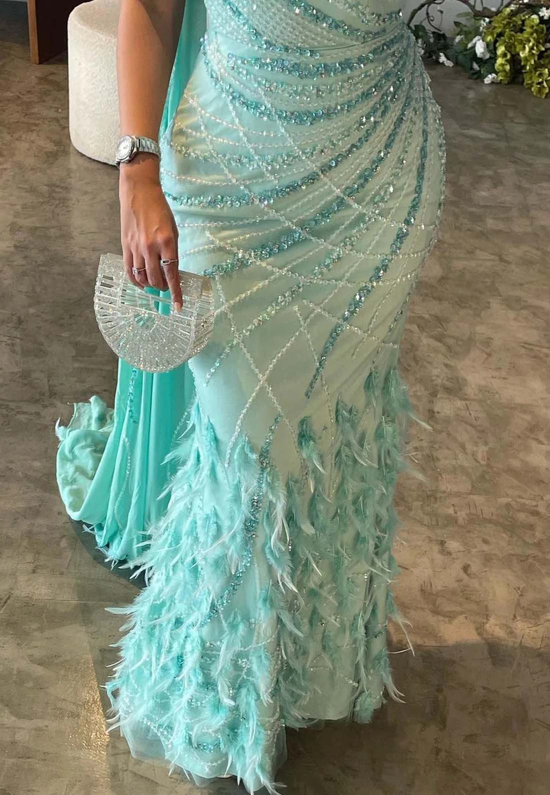 Turquoise One Shoulder Beaded Sleeveless Feather Evening Gown Sheath Side Train Formal Dress