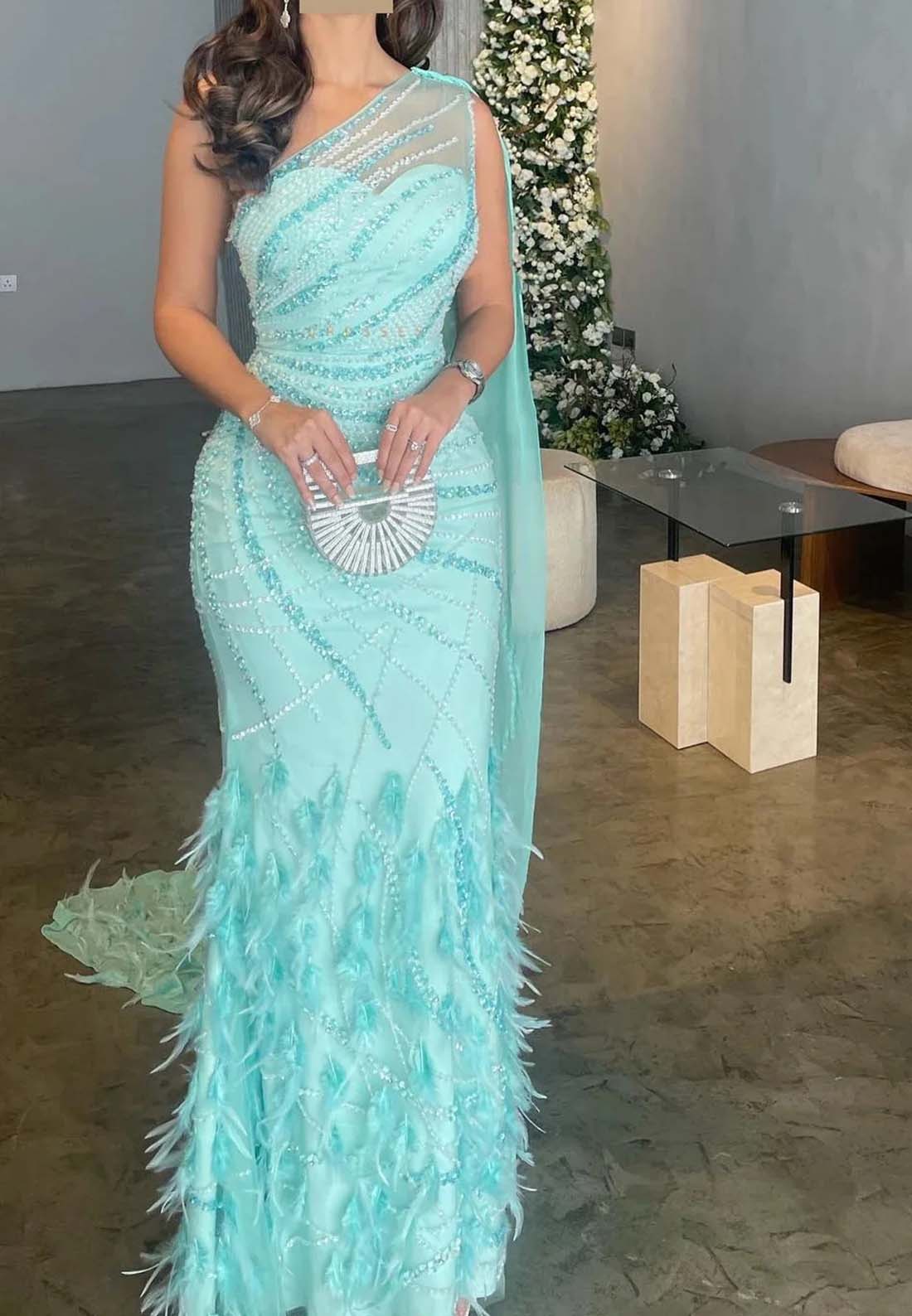 Turquoise One Shoulder Beaded Sleeveless Feather Evening Gown Sheath Side Train Formal Dress