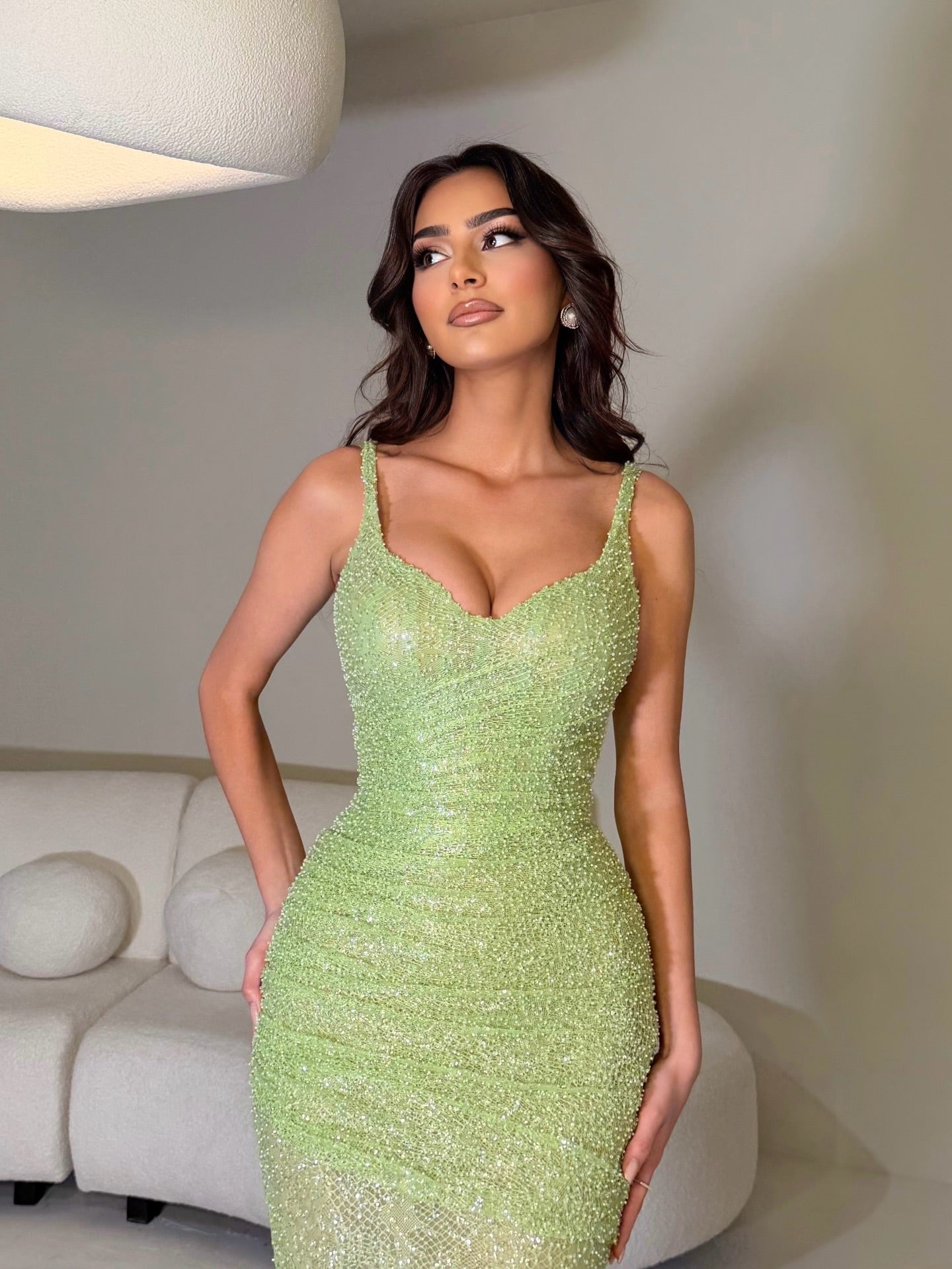 Sage Straps Prom Dress Sleeveless Sheath Beaded with Split