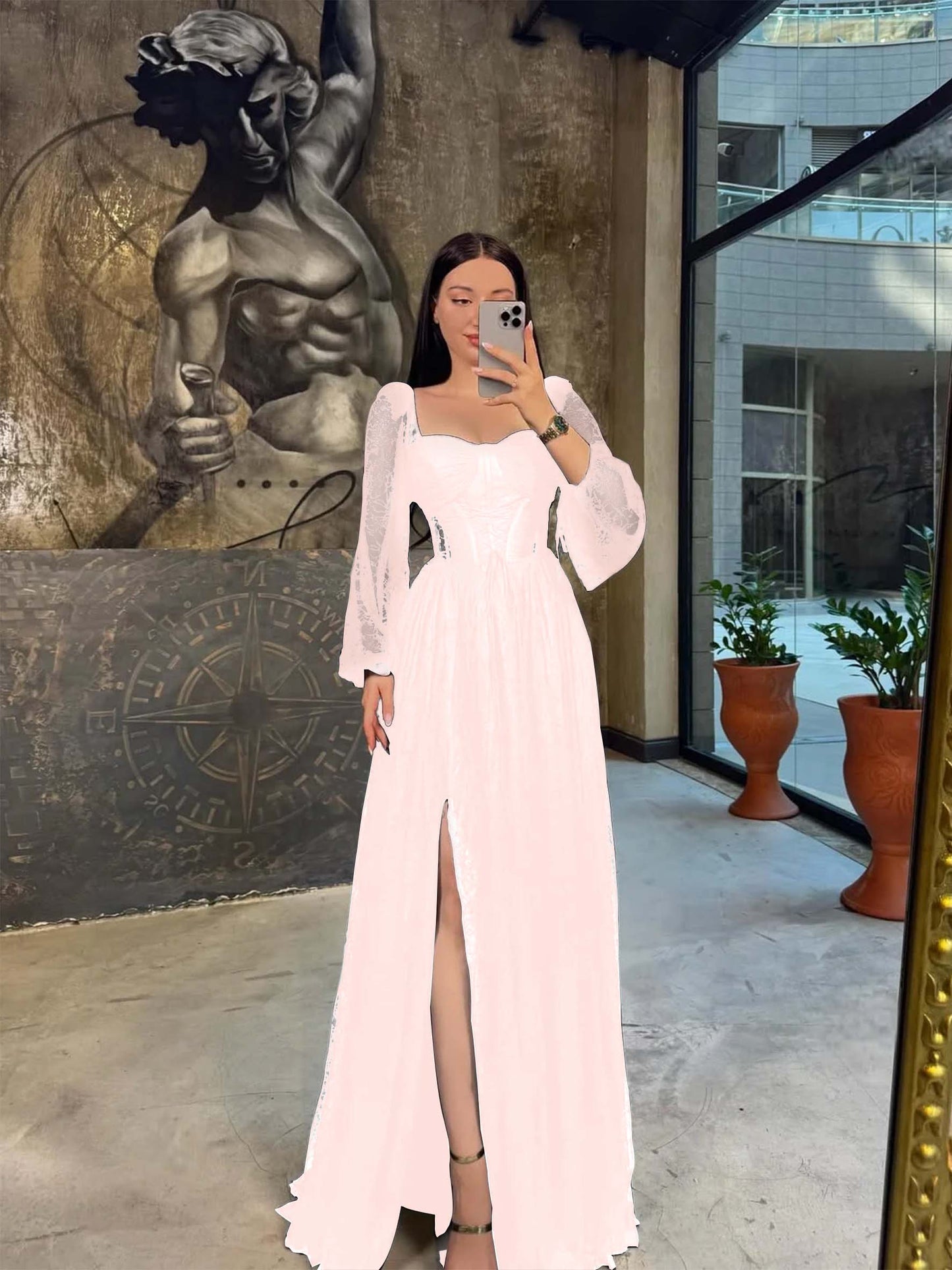 Classic Black Square Split Long Sleeves Lace Evening Dress