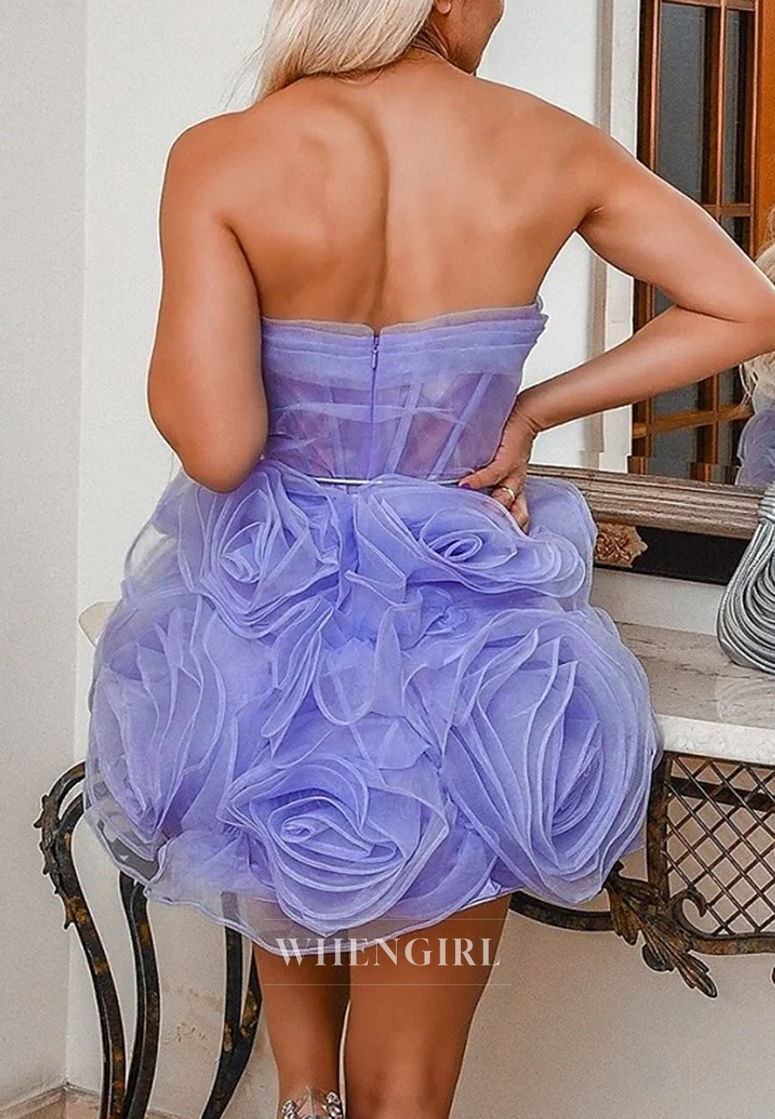 Violet Pleated 3D Flowers Sleeveless Tube Top Sheath Back Zipper Short Homecoming Dress