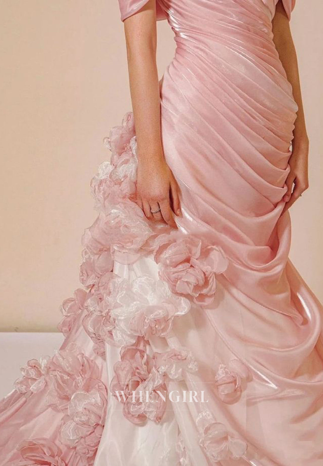 Pink Off Shoulder Ruched Floral Mermaid Sweep Train Lace Up Formal Evening Dress