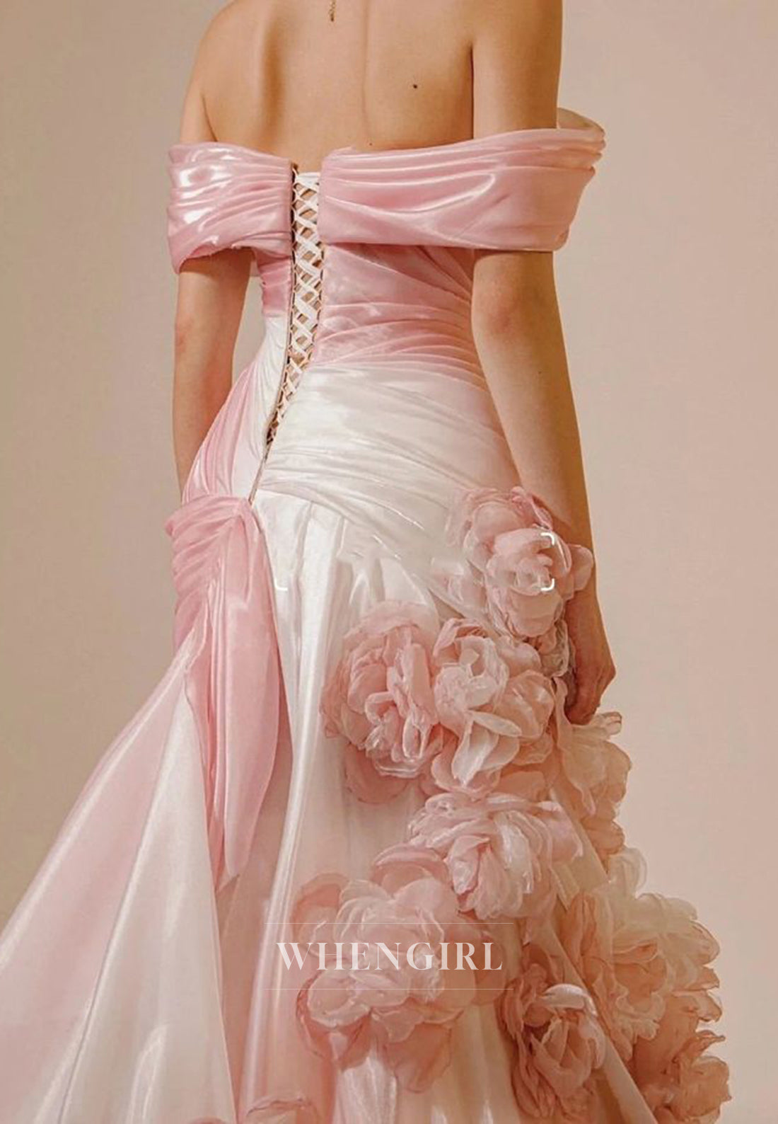 Pink Off Shoulder Ruched Floral Mermaid Sweep Train Lace Up Formal Evening Dress