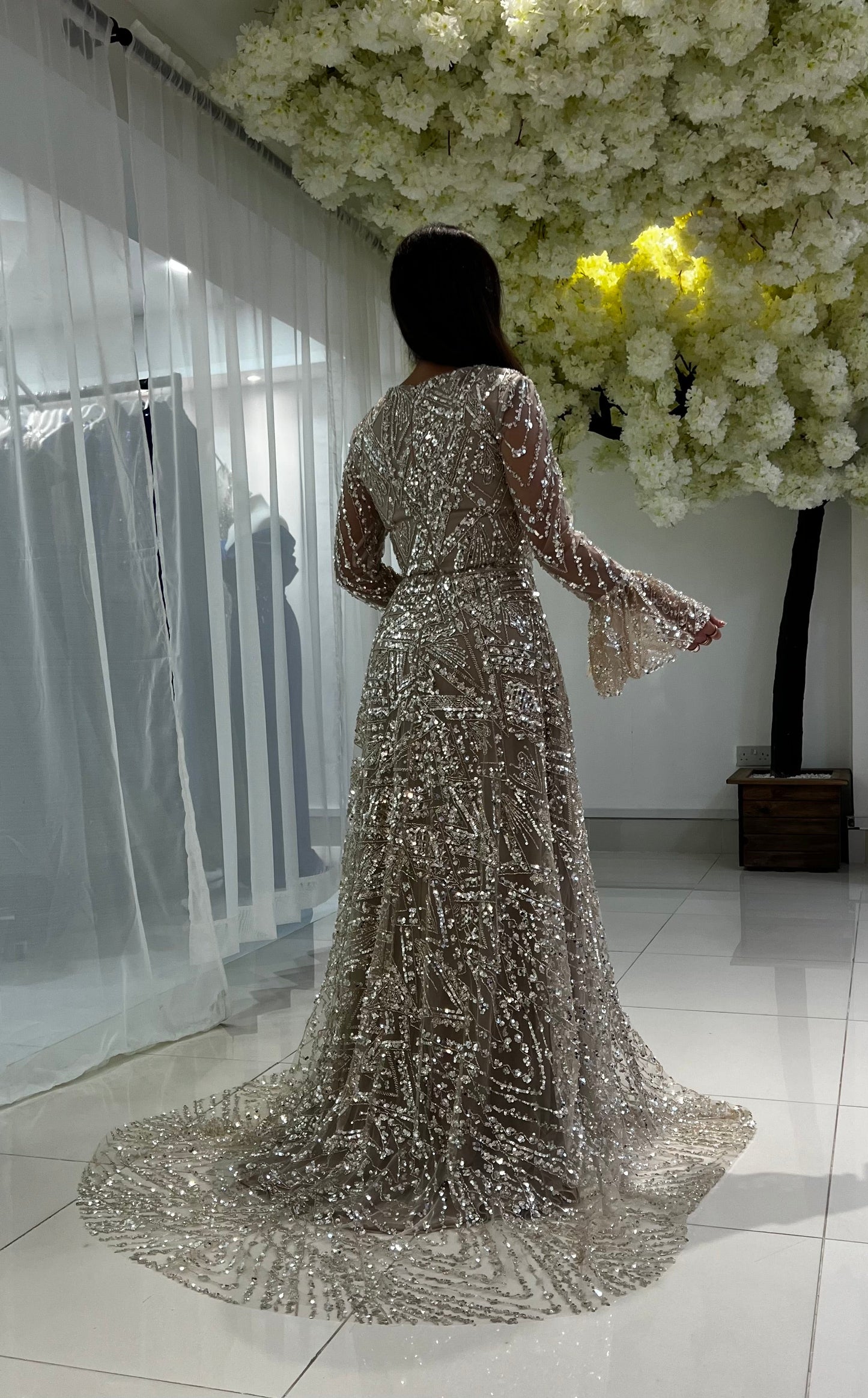 Champagne Asymmetrical Neck Long Sleeves Evening Dress