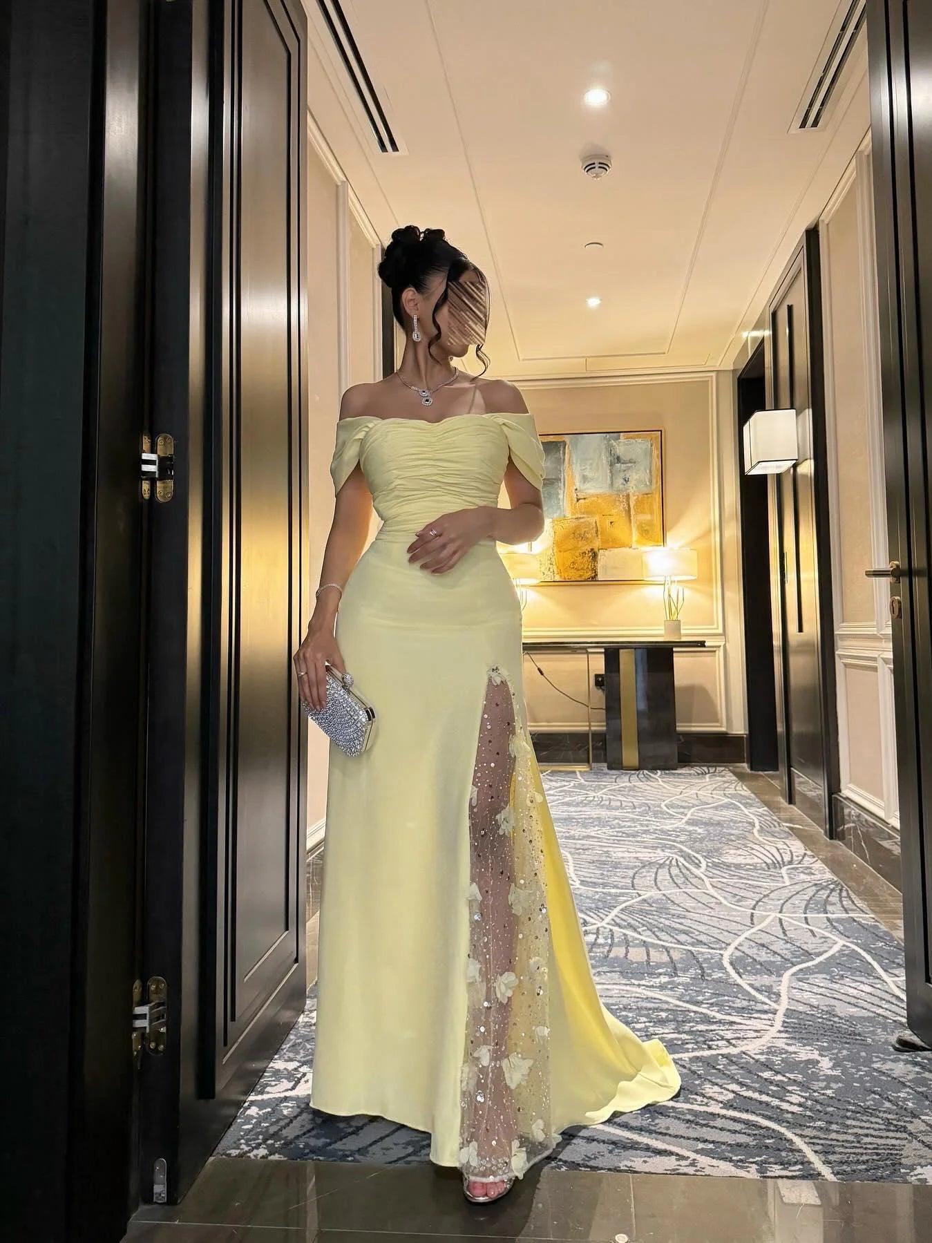Off-Shoulder Long Sleeves Sheath High Slit Floral Ruched Satin Prom Dress with Beads Party Dress