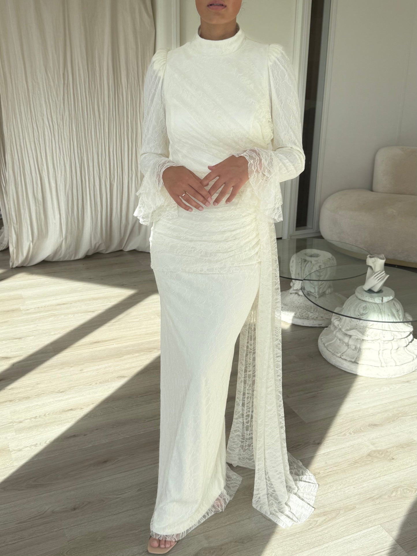 Sheath High Neck Ruched Long Sleeves Simple Wedding Dress