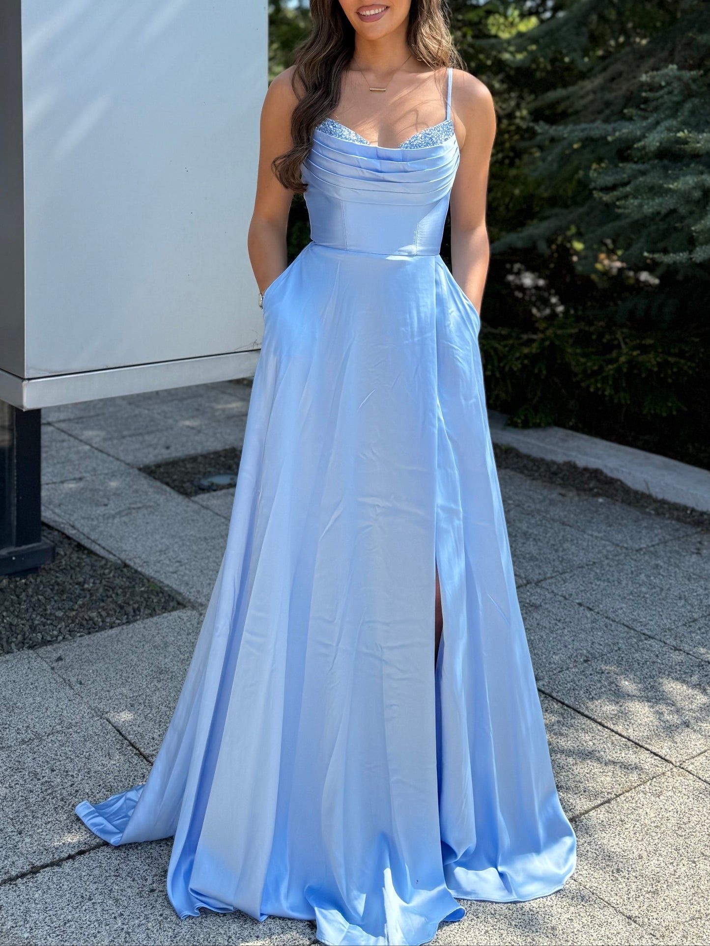 Sky Blue Spaghetti Straps Ruched A-Line Prom Dress