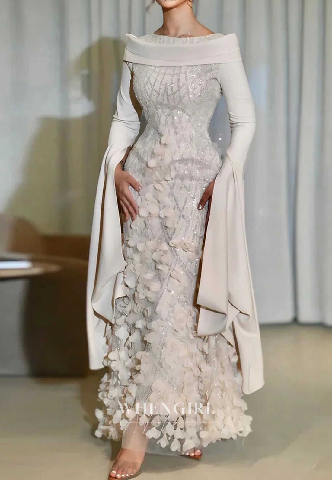 Column Bateau Neck Long Sleeves Floral Beaded Evening Formal Dress