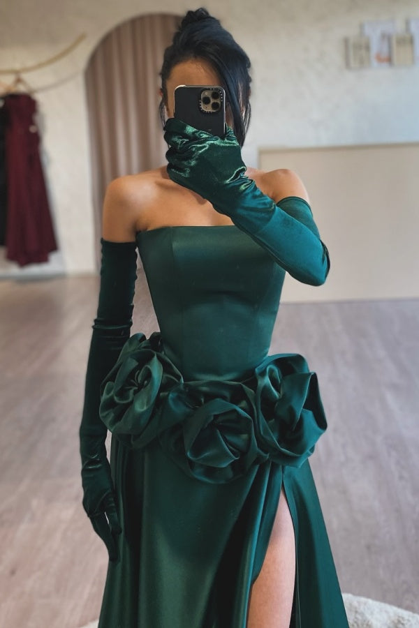 Strapless Sleeveles Long Gloves Flowers High Side Slit and Train Prom Dress
