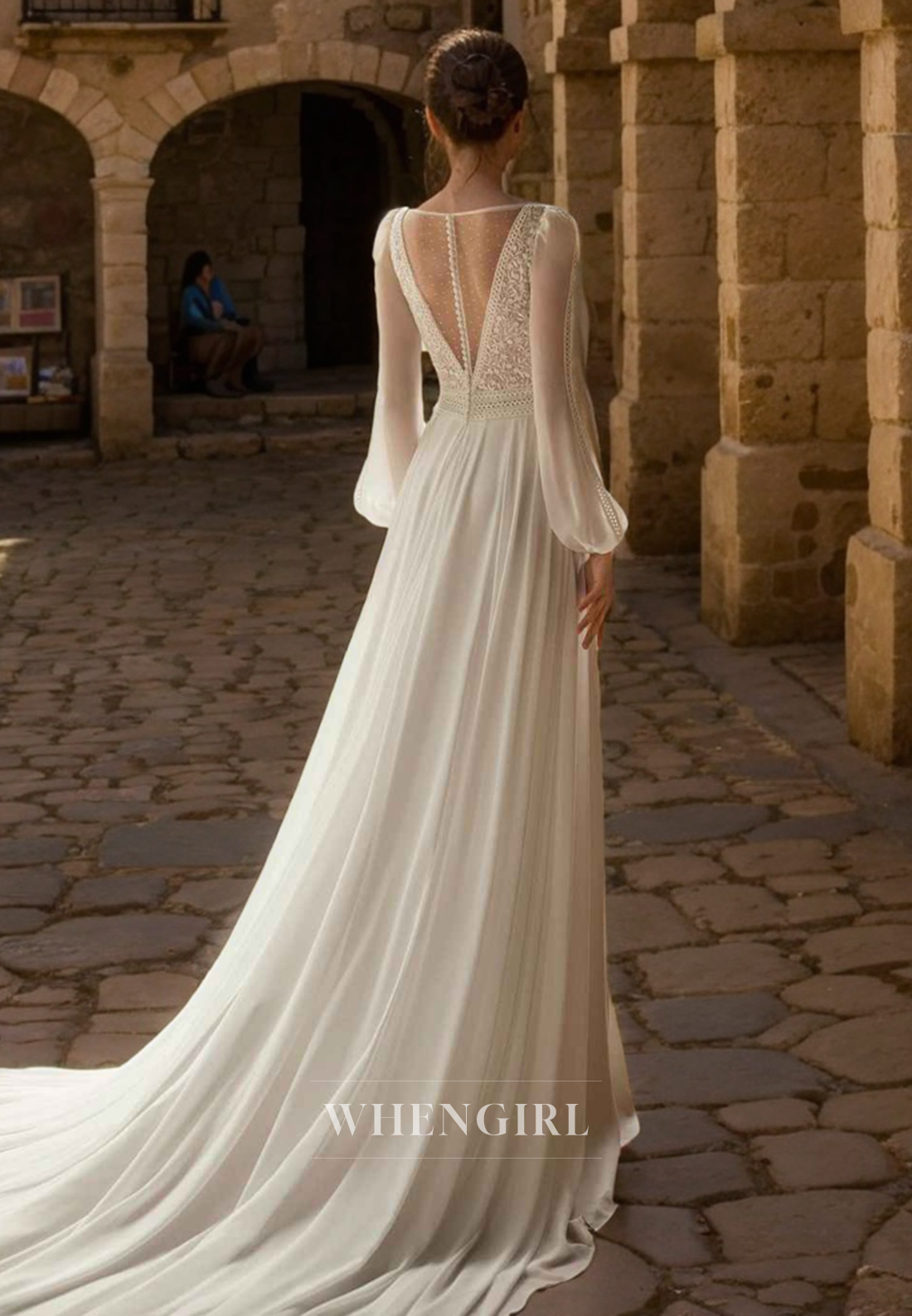 Elegant A-Line V Neck Long Sleeves Lace Chiffon Wedding Dress