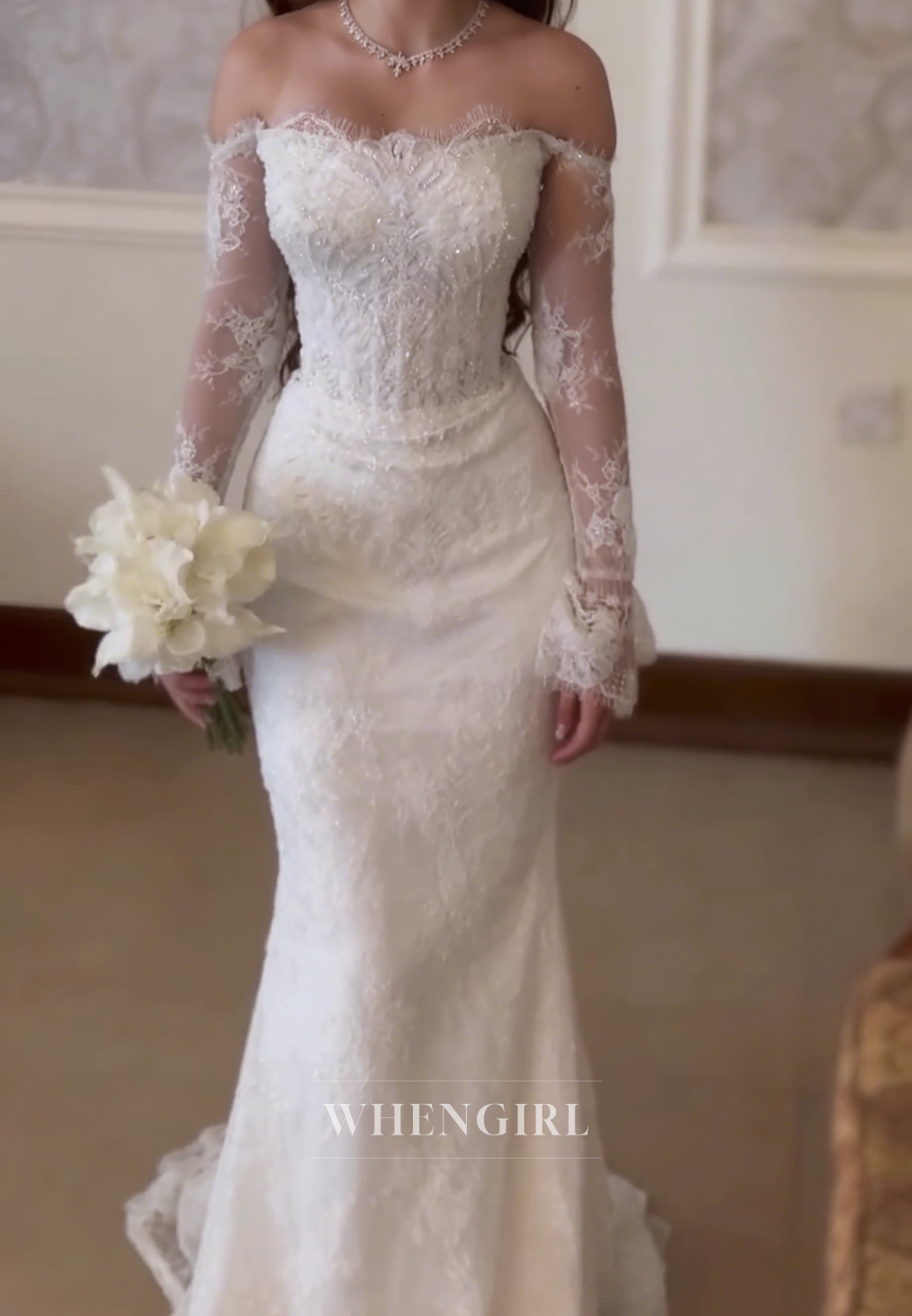 Mermaid Beaded Off Shoulder Long Sleeves Lace Wedding Dress – WhenGirl