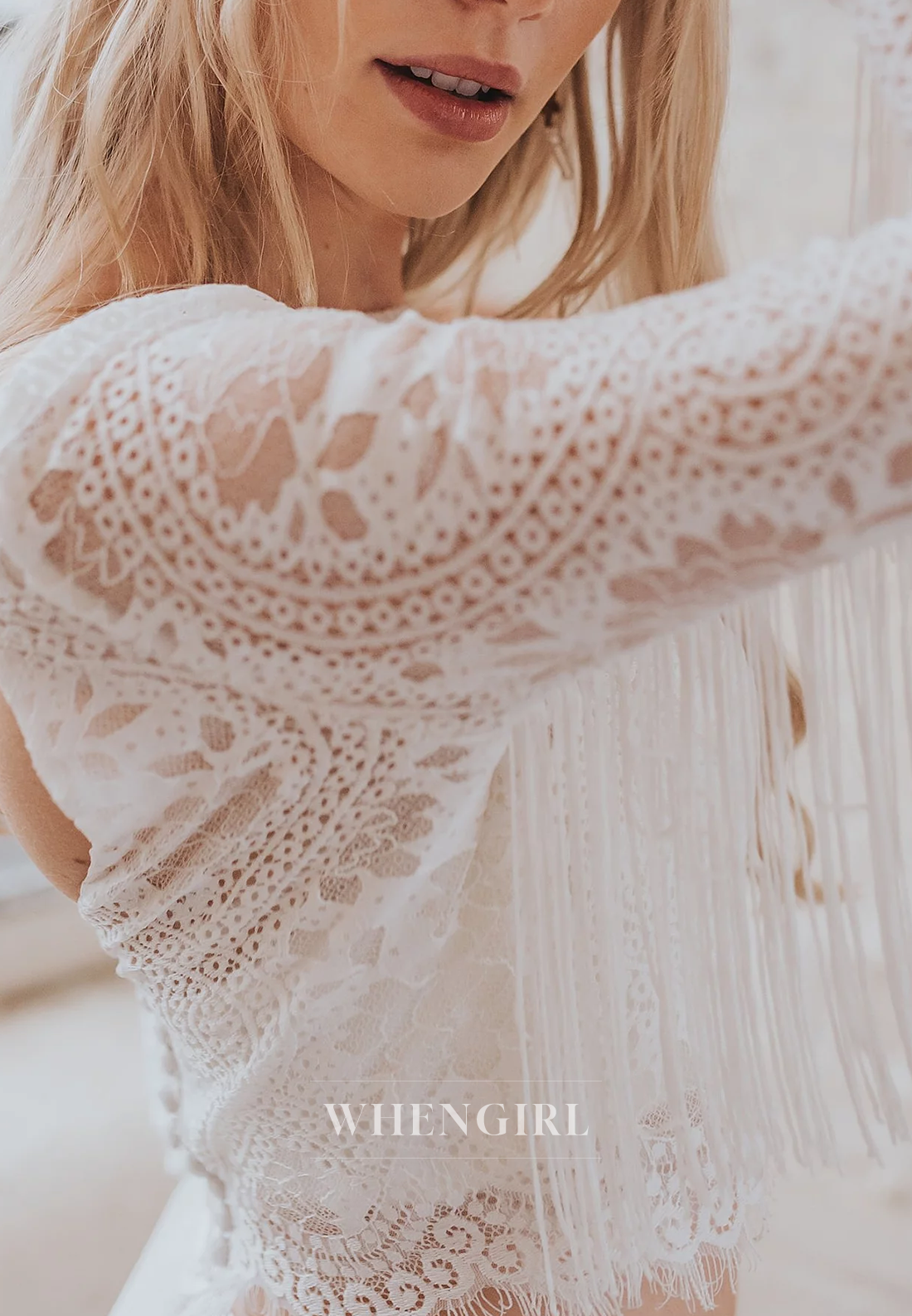 Mermaid Lace Long Sleeves Bateau Neck Two Pieces Sweep Train Wedding Dress