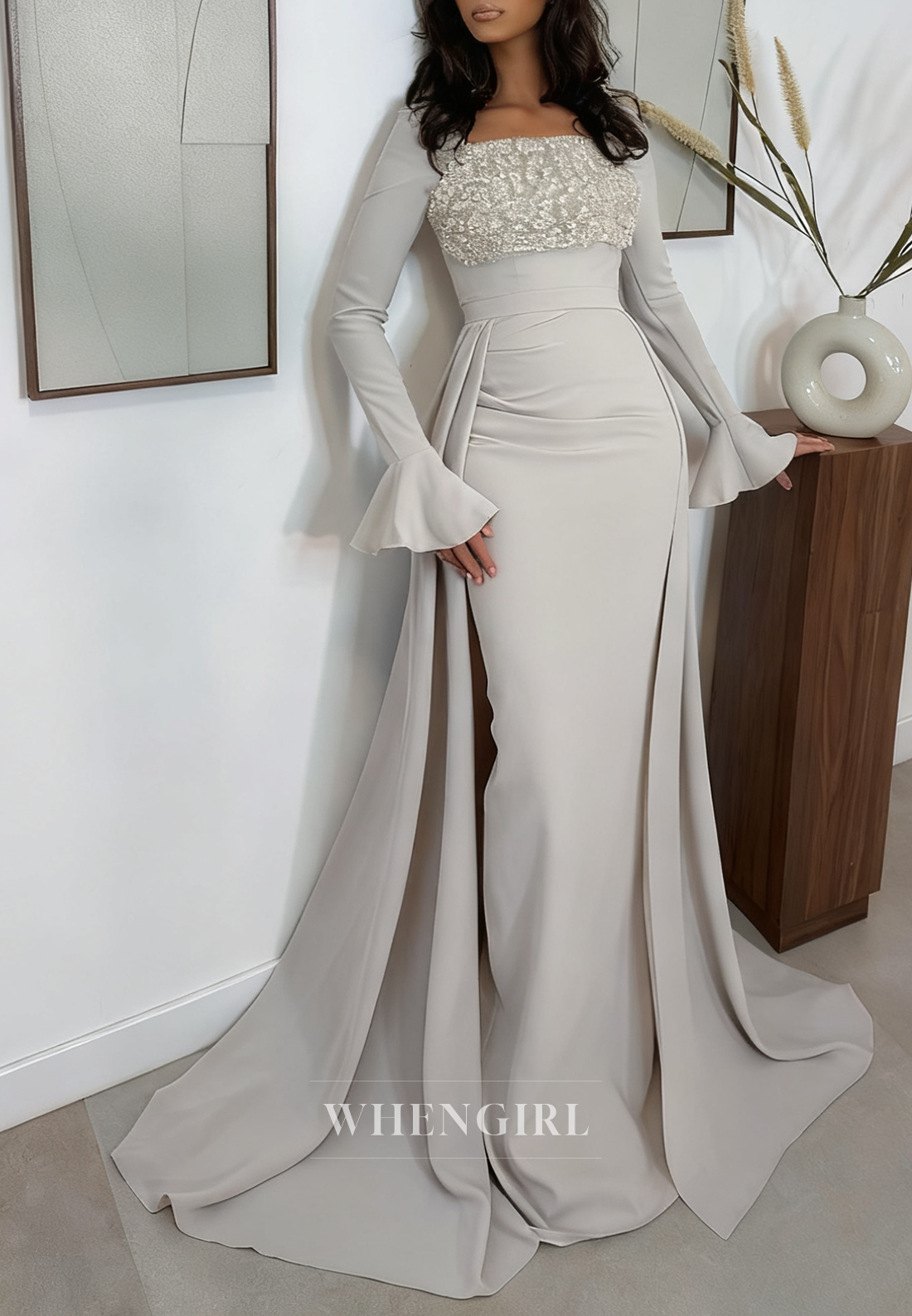 Gray Square Neck Long Sleeves Sheath Beaded Evening Formal Dress with Train