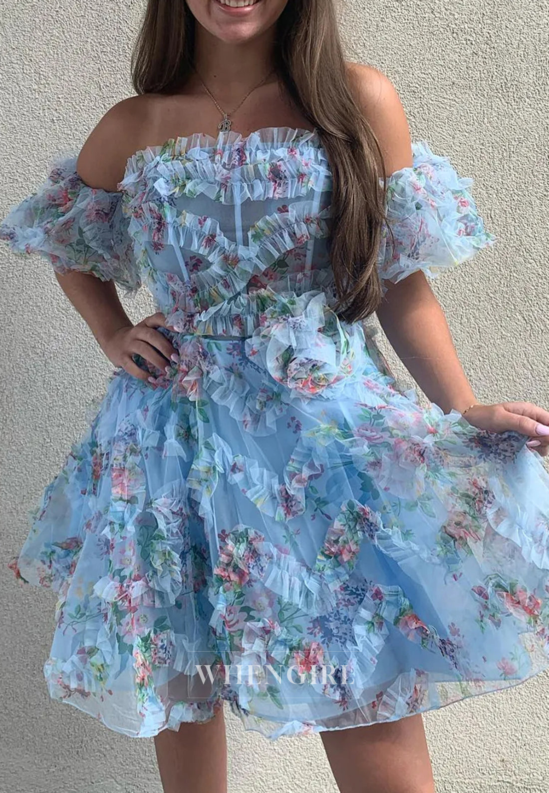 Blue Printed Off the Shoulder A-Line Short Homecoming Dress with Ruffles