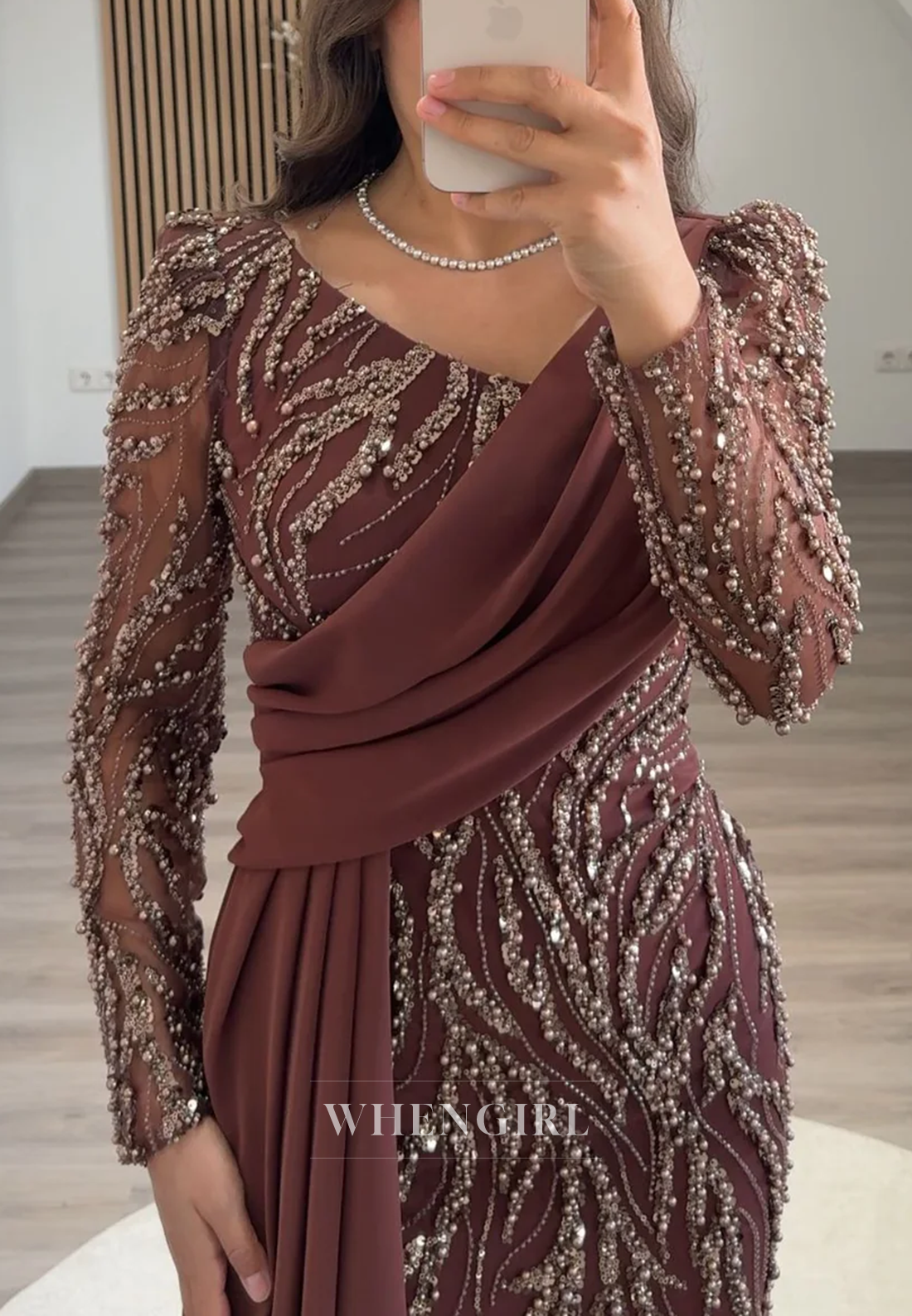 Sheath Asymmetrical Neck Long Sleeves Beaded Side Train Long Formal Evening Gown