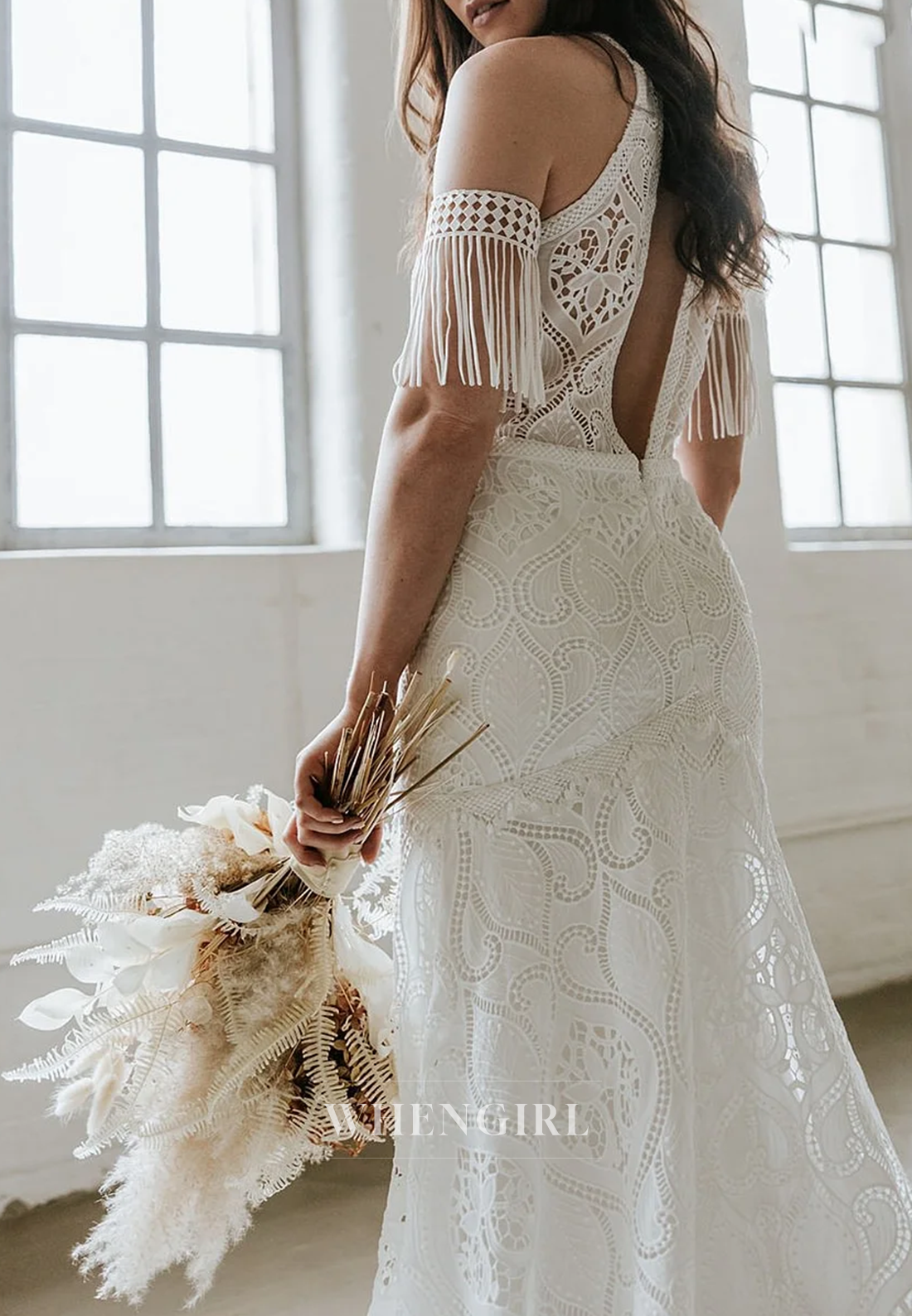 Sheath Halter Lace Tassel Sleeveless Sweep Train Beach Boho Wedding Dress