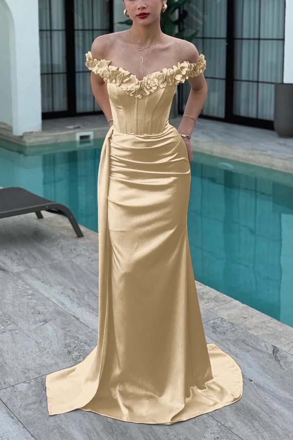 Elegant Yellow Sleeveless Prom Dress Slimming Train Pleated with Flower