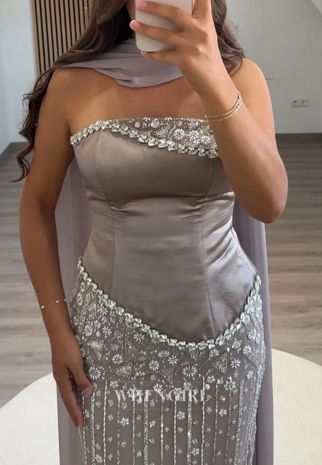 Sheath Strapless Sleeveless Rhinestones Beading Long Evening Formal Gown with Scarf