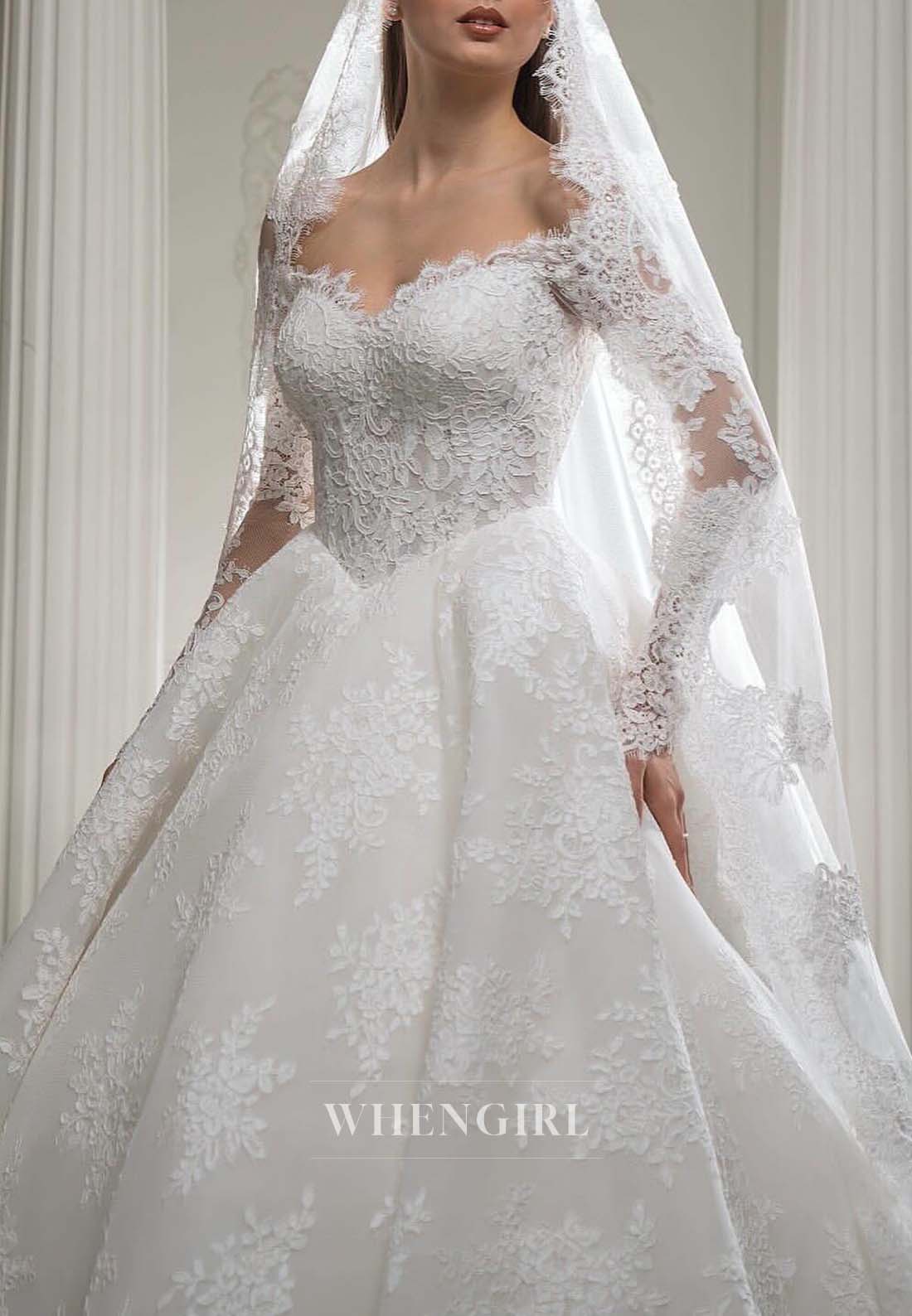 Off Shoulder Long Sleeves A-Line Appliqued Lace Long Wedding Dress
