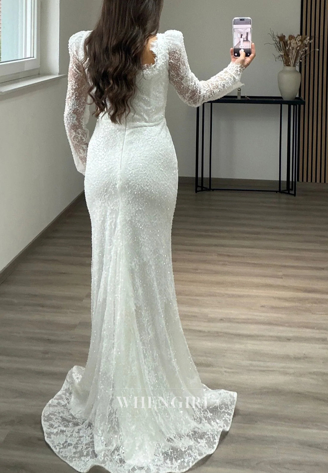 Mermaid Beaded Square Neck Long Sleeves Beaded Lace Evening Formal Dress