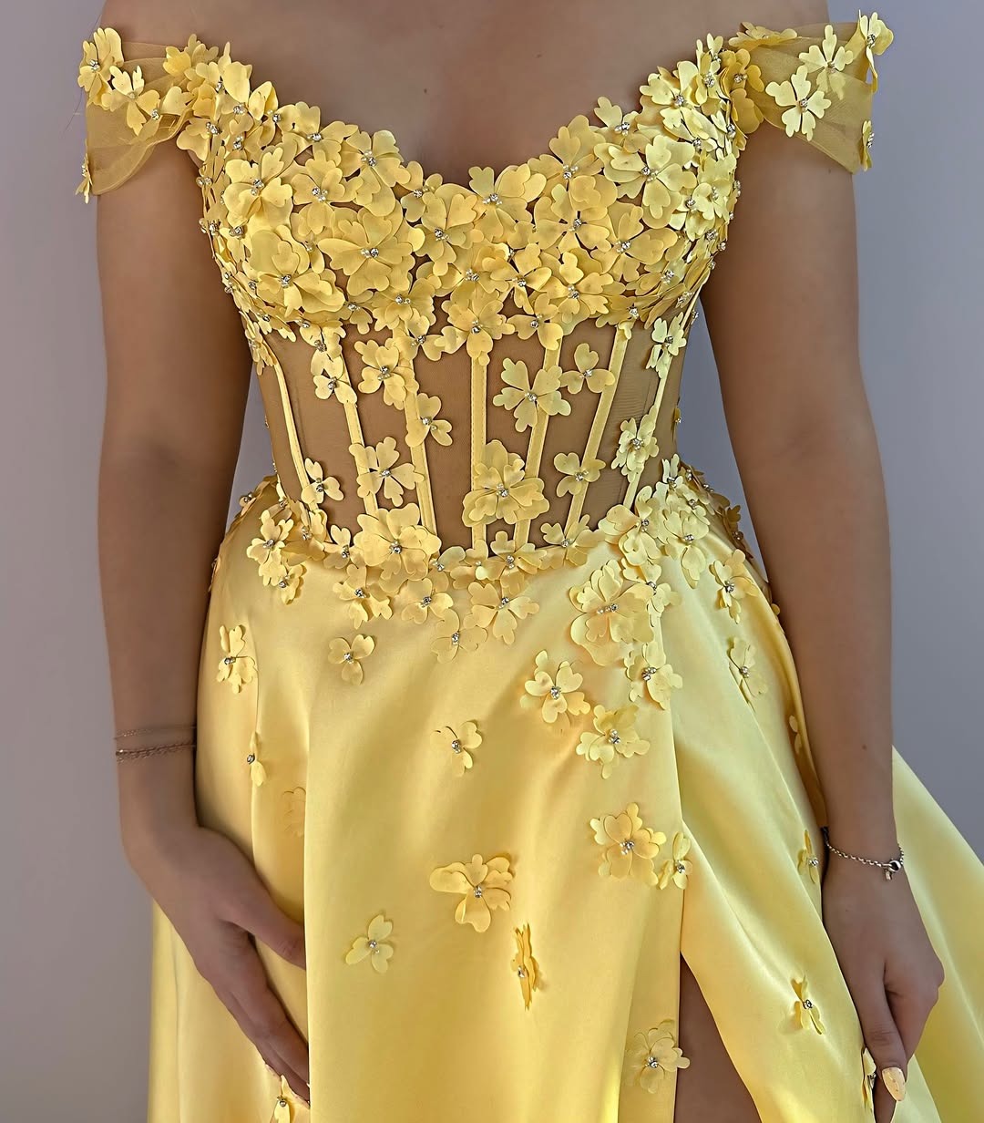 Yellow Satin 3d Flowers Prom Dresses Long with Slit A Line Corset Evening Gowns