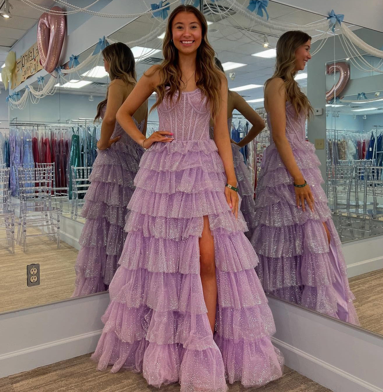 Lilac Elegant Glittery Tulle Prom Dresses Sweetheart A Line Evening Gowns with Slit