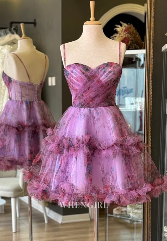Sweetheart Sleeveless Spaghetti Straps Pleated Lace Up A-Line Tulle Homecoming Dress