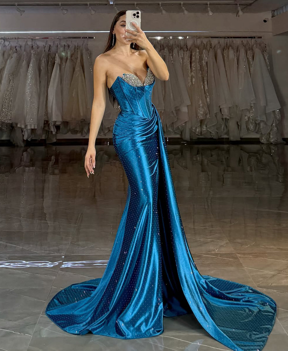 Sweetheart Satin Beaded Prom Dresses Long Mermaid Sleeveless Evening Gowns