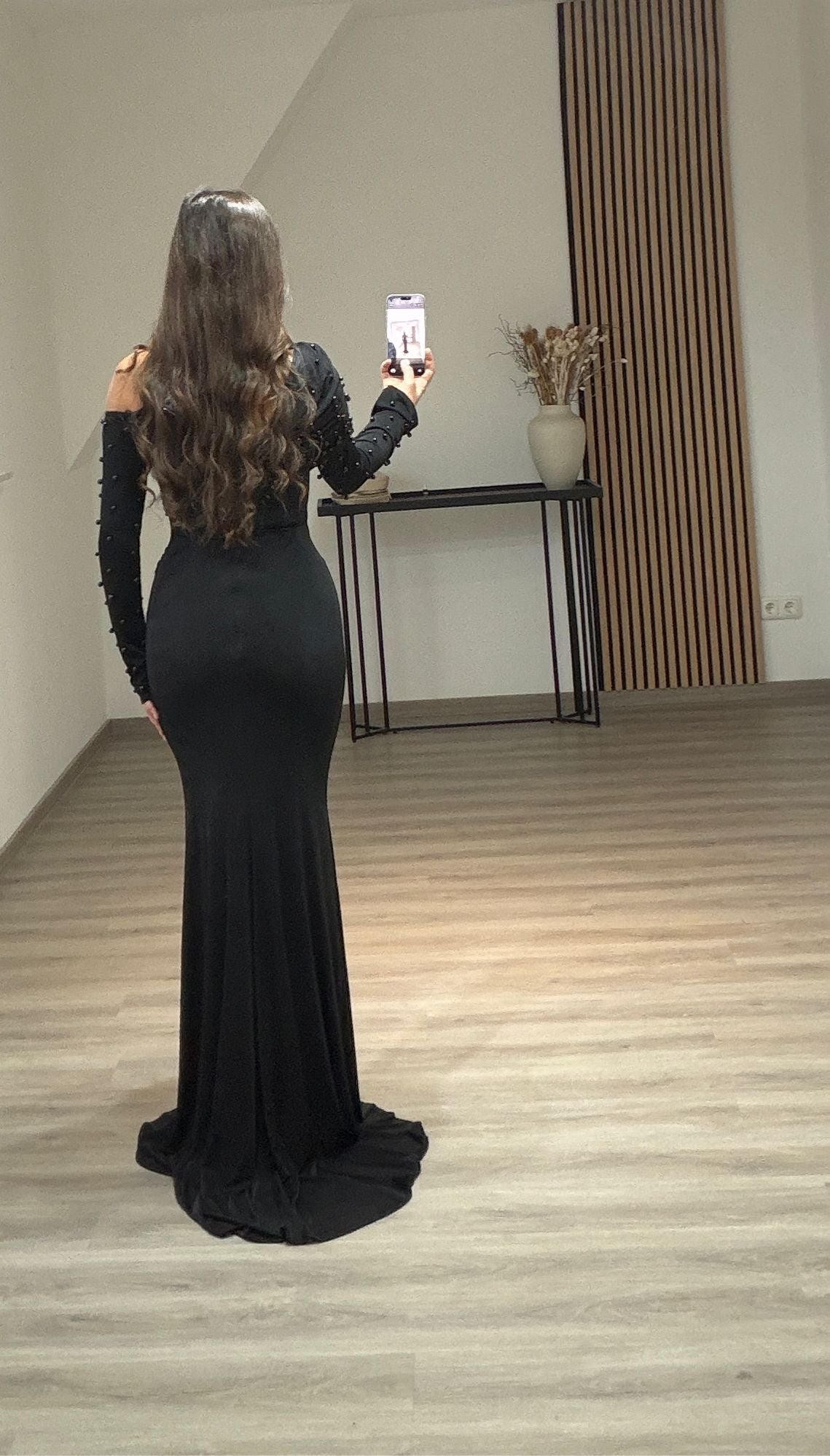 Black One Shoulder Long Sleeves Beaded Sheath Evening Formal Gown