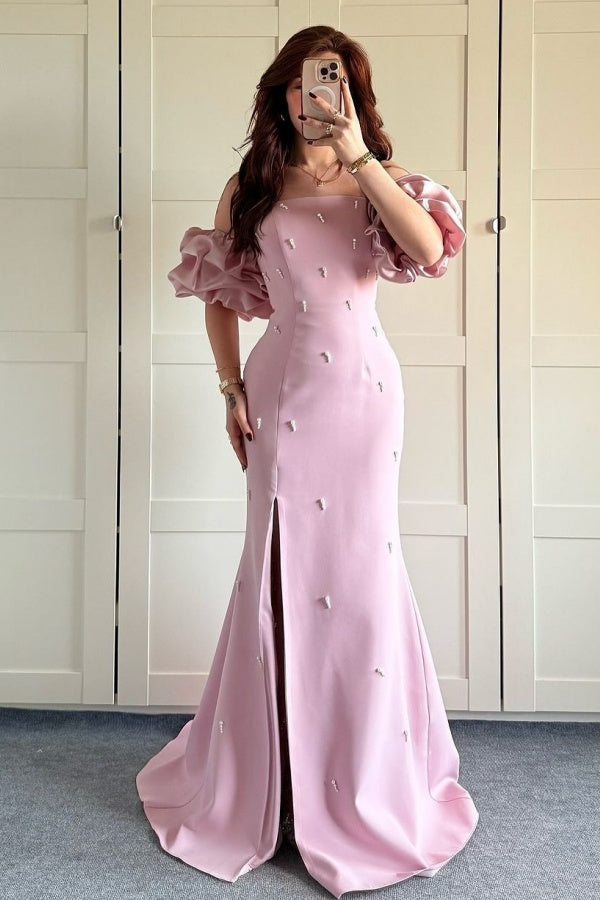 Sheath Strapless Lantern Sleeves Pearl Beaded Prom Dress High Side Slit and Train