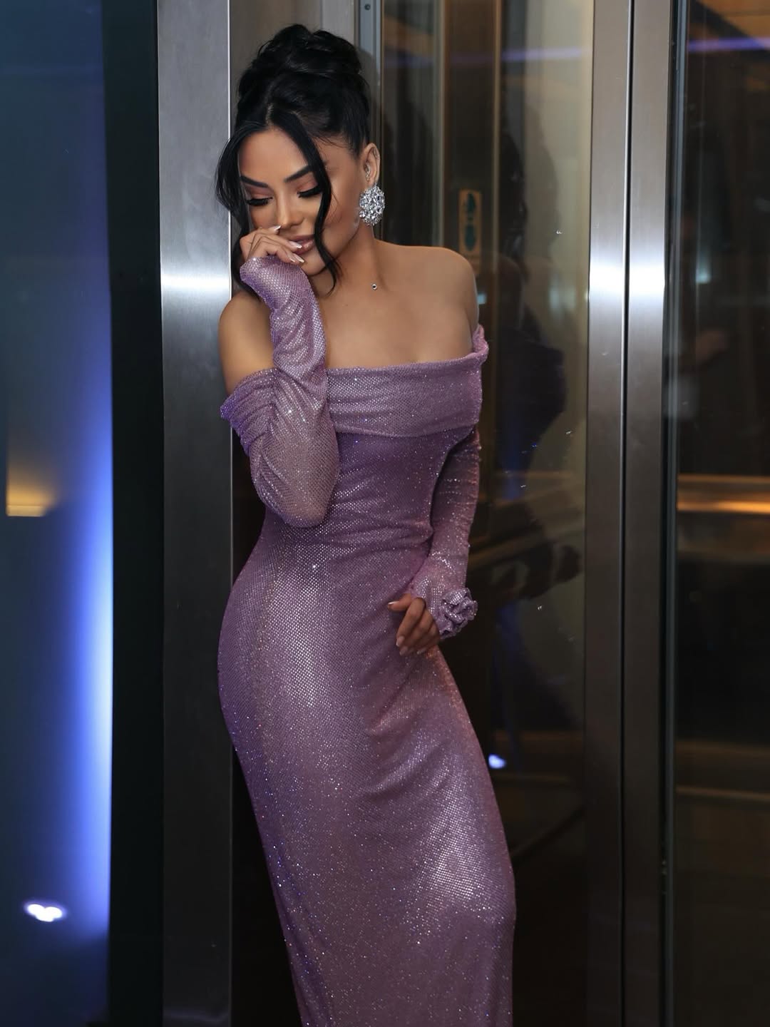 Purple Off-The-Shoulder Shimmering Long Sleeves Mermaid Prom Dress