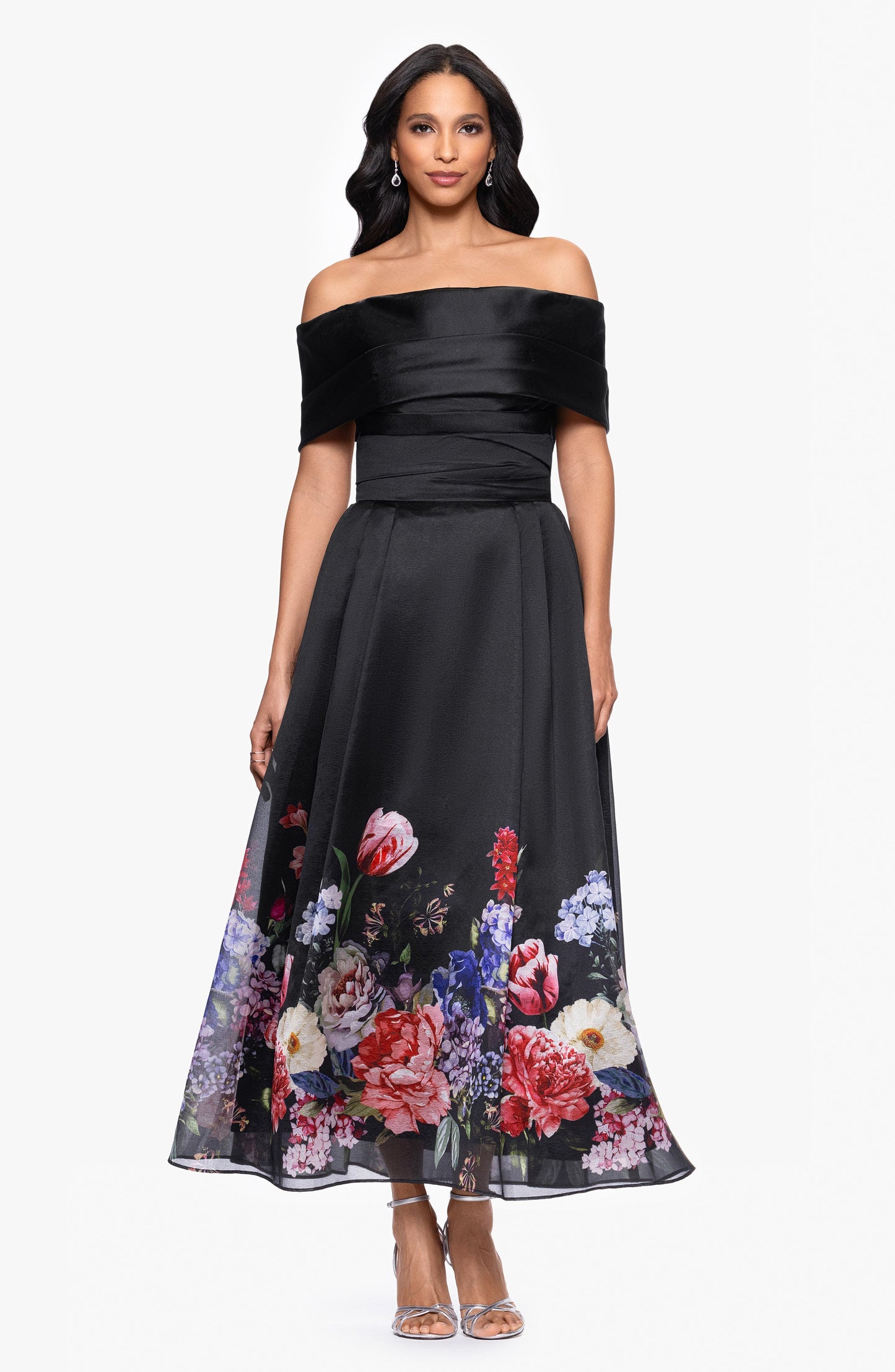 Black Floral Off the Shoulder Ankle Length Mother of the Bride Gown