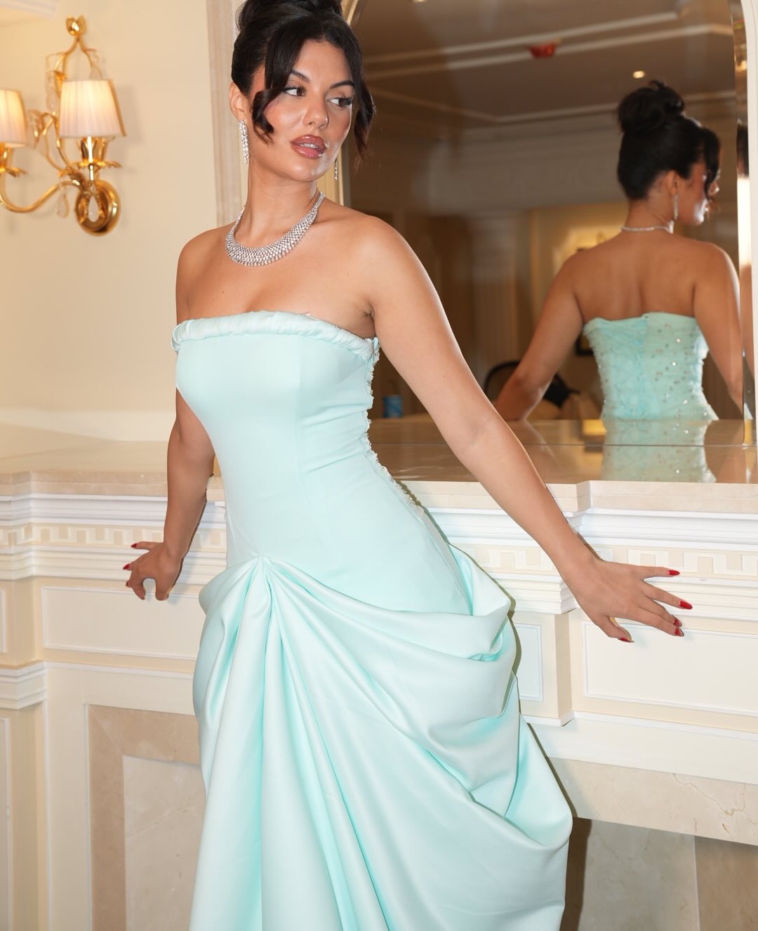 Mint Blue Strapless Prom Dress Pleated Floor Length with Rhinestone