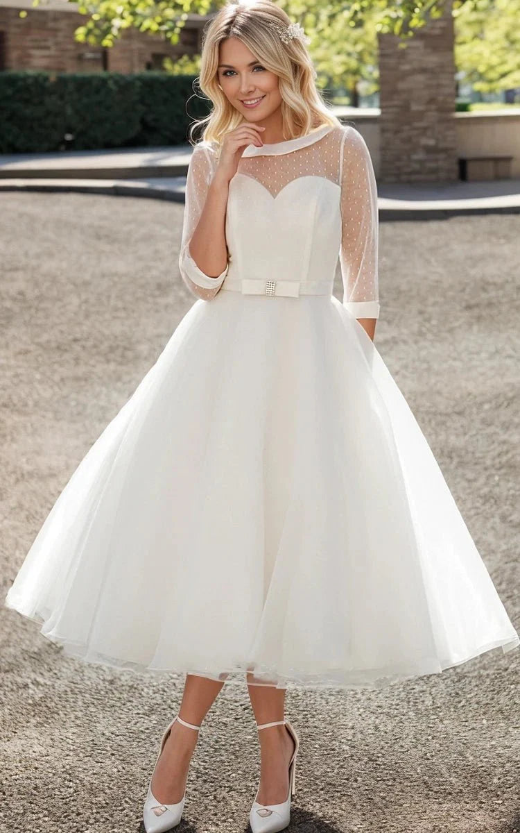 Tea-Length A-Line Bateau Neck Illusion Sleeve Bowed Tulle Wedding Dres WhenGirl Tea-Length A-Line Bateau Neck Illusion Sleeve Bowed Tulle Wedding Dres WhenGirl