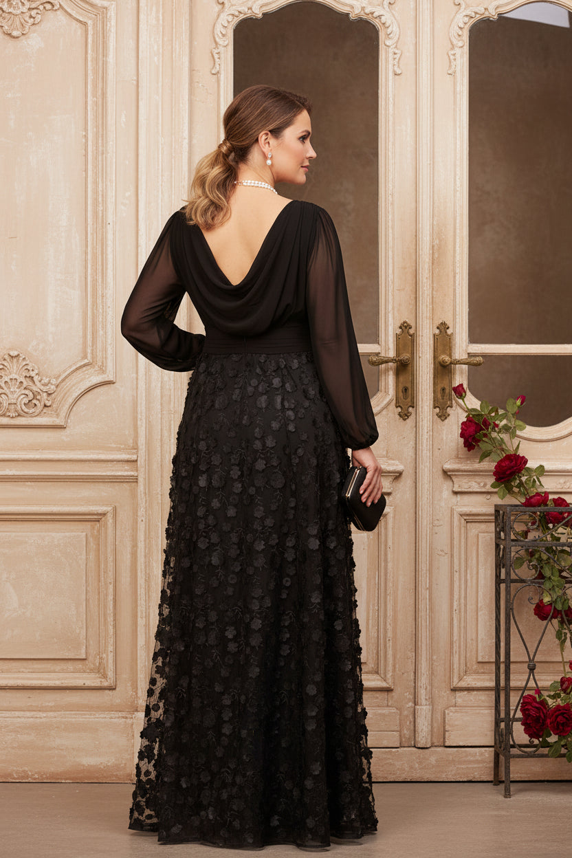 A-Line Black V Neck Long Sleeves Mother of the Bride Gown