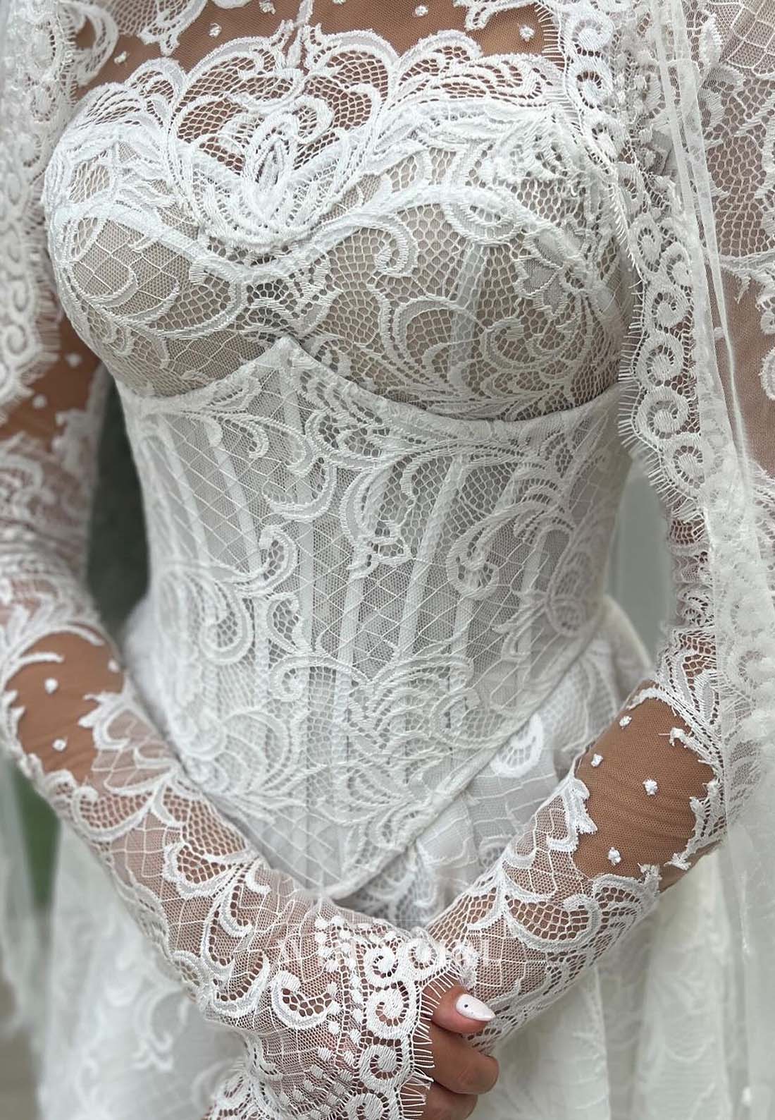 High Neck Long Sleeves Appliqued Lace A-Line Court Train Wedding Dress