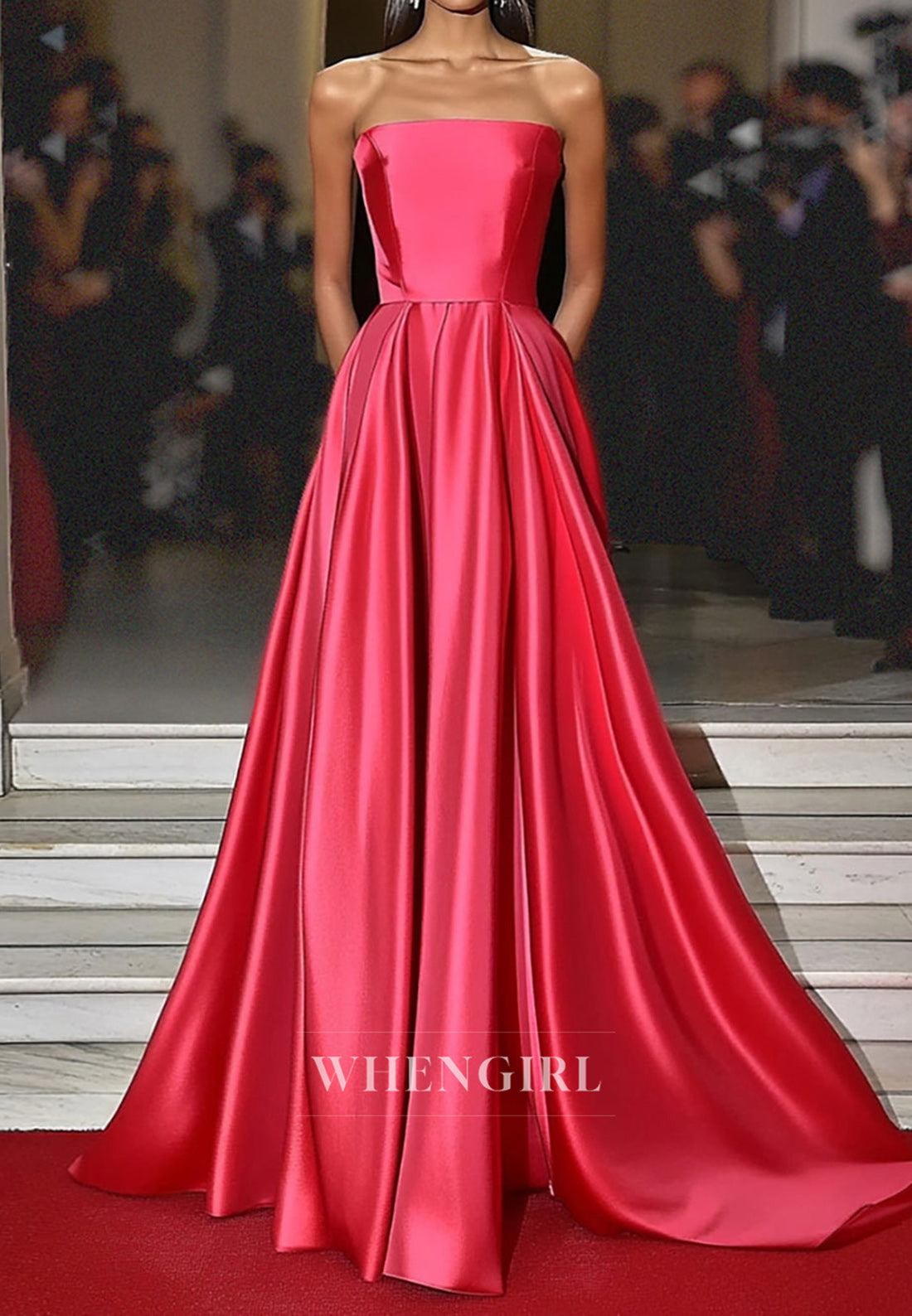 Gorgeous A-Line Gala Dresses Tube Top Sleeveless Pleated Long Satin Party Gowns