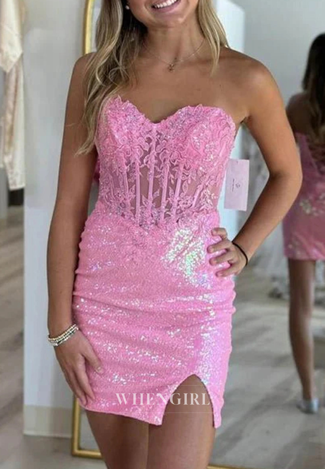 Candy Pink Sheath Sweetheart Short Sleeves Appliqued Lace Sequins Side Slit Homecoming Dress