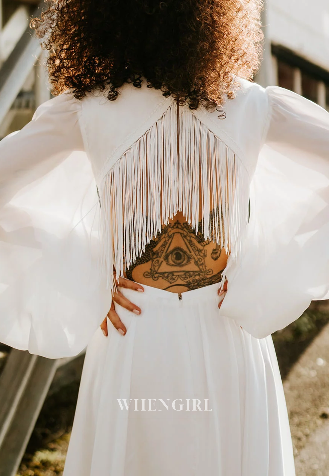 A-Line V Neck Long Puff Sleeves Sweep Trian Tassel Beach Wedding Dress